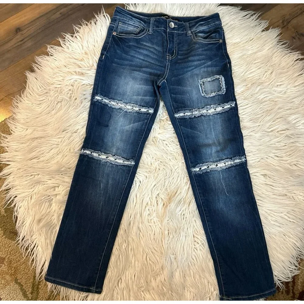 Sz 12 VanillaStar Girls Patchwork Dark Wash Stretch Jeans Boho Vintage Look